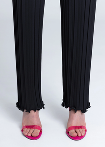 PLEATED STRAIGHT LEG SCALLOP EDGE TROUSERS - BLACK