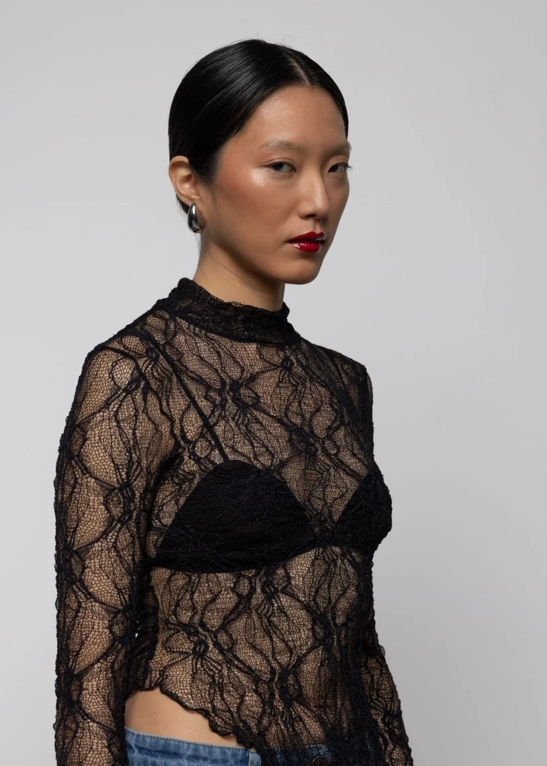 LACE ASYMMETRIC HIGH NECK TOP