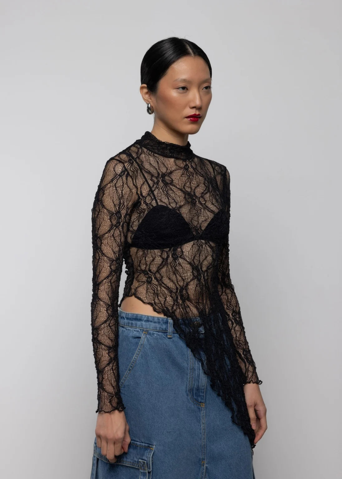 LACE ASYMMETRIC HIGH NECK TOP