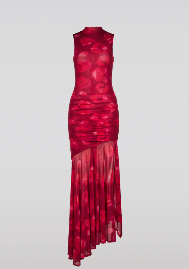 DRAPED MESH DRESS - RED