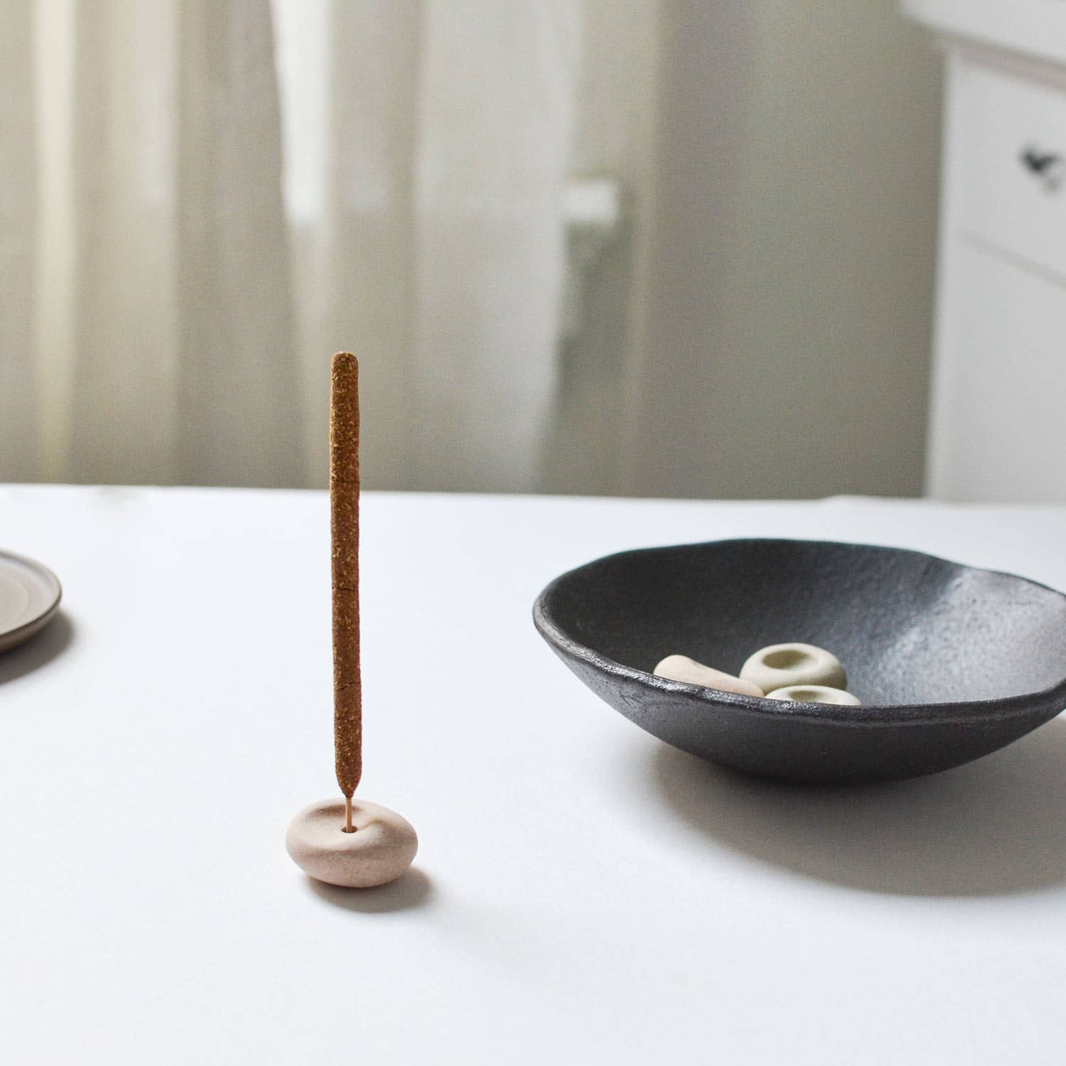 Cedar and Myrrh - Mini Beige Ceramic Pebble Incense Holder