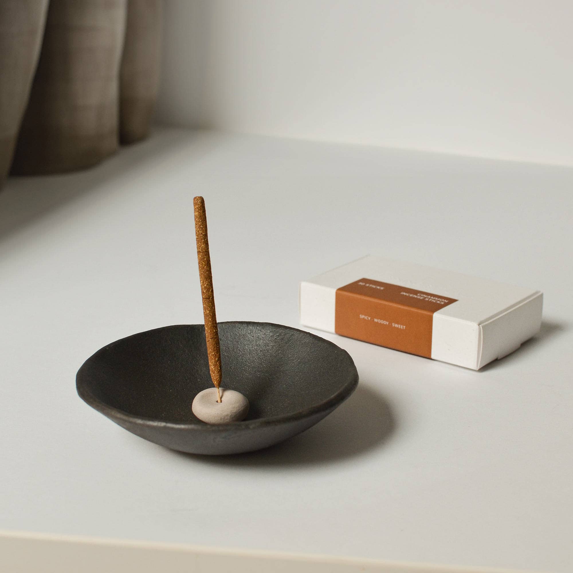 Cedar and Myrrh - Mini Beige Ceramic Pebble Incense Holder